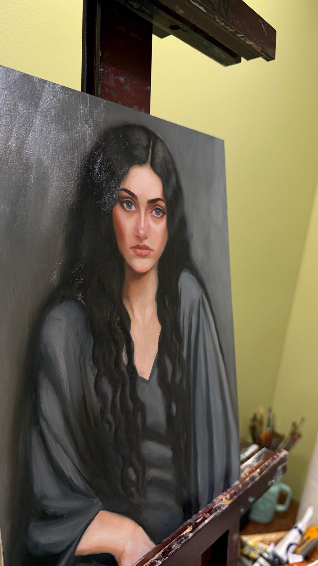 woman in a dark dress